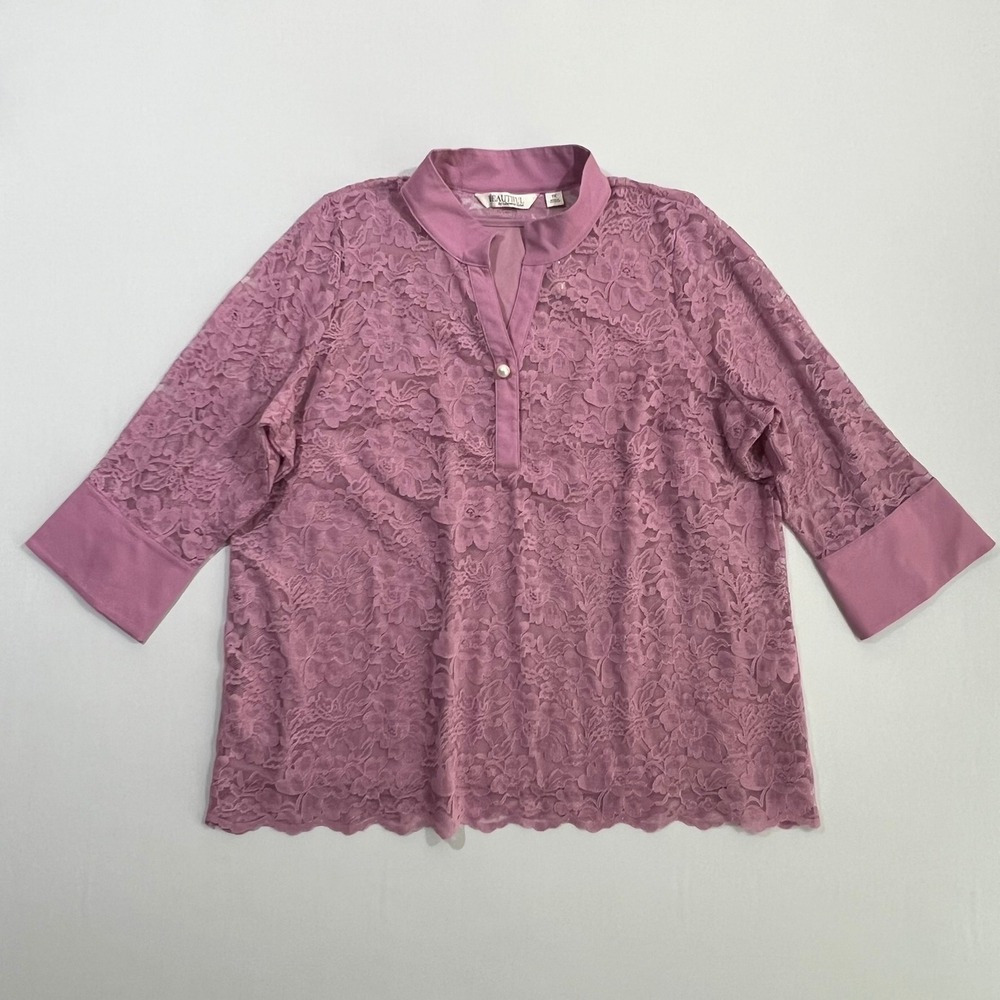 Beautiful by Lawrence Zarian Lace Blouse Pearl Button Mauve Pink Womens 1X